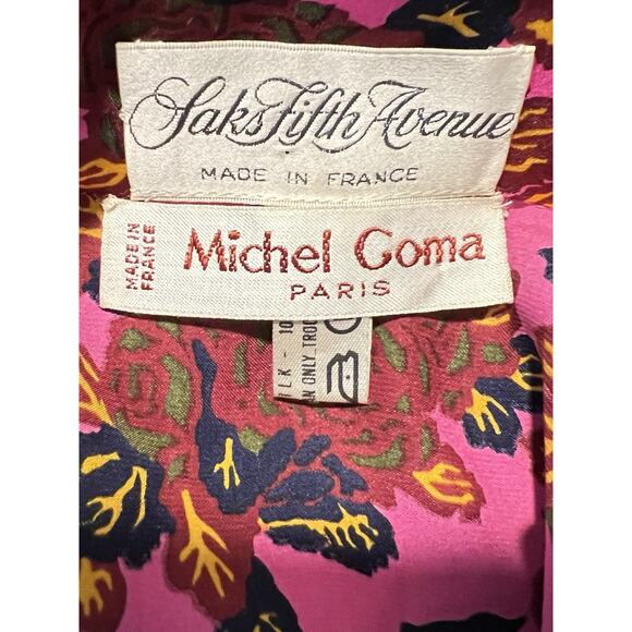 VTG Michel Goma Saks Vibrant Pink Floral Silk Long Slv Dress France 42 US M/L - Picture 10 of 11